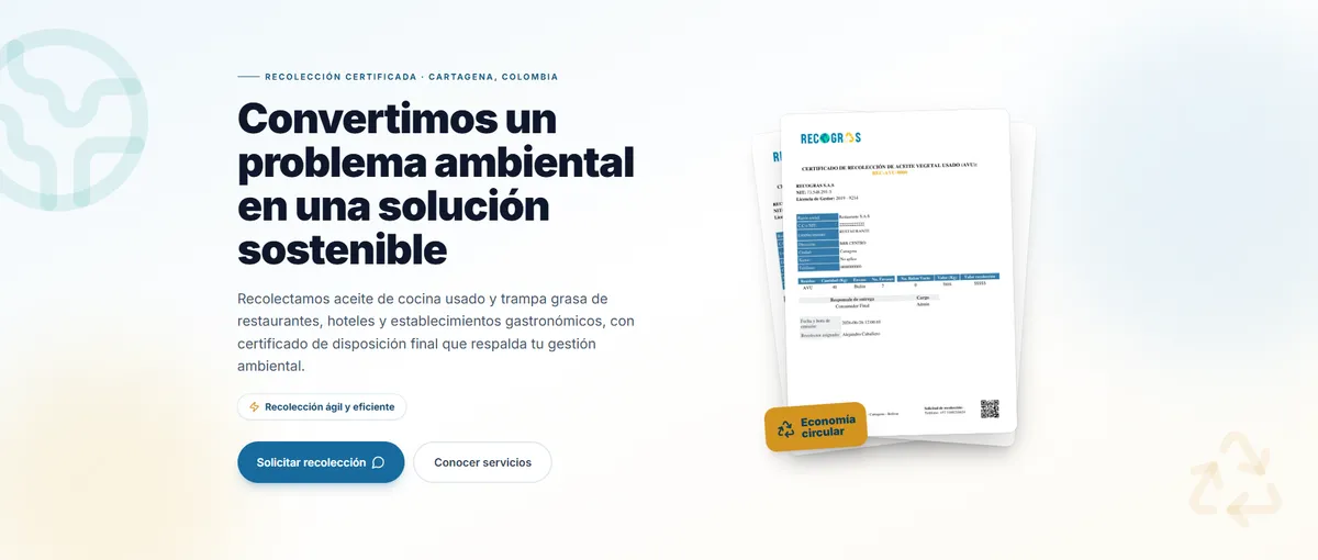 Portada de recograscolombia.com: recolección certificada de aceite usado en Cartagena